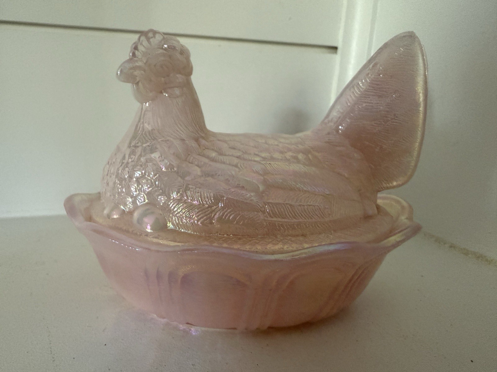 Fenton Hen On Nest 5 Inch Pink Pearl Carnival Glass Covered Dish Vintage