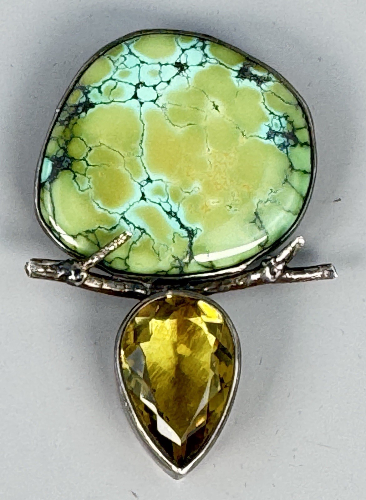 Echo of the Dreamer Green Turquoise Citrine Sterling Brooch Pendant 42g