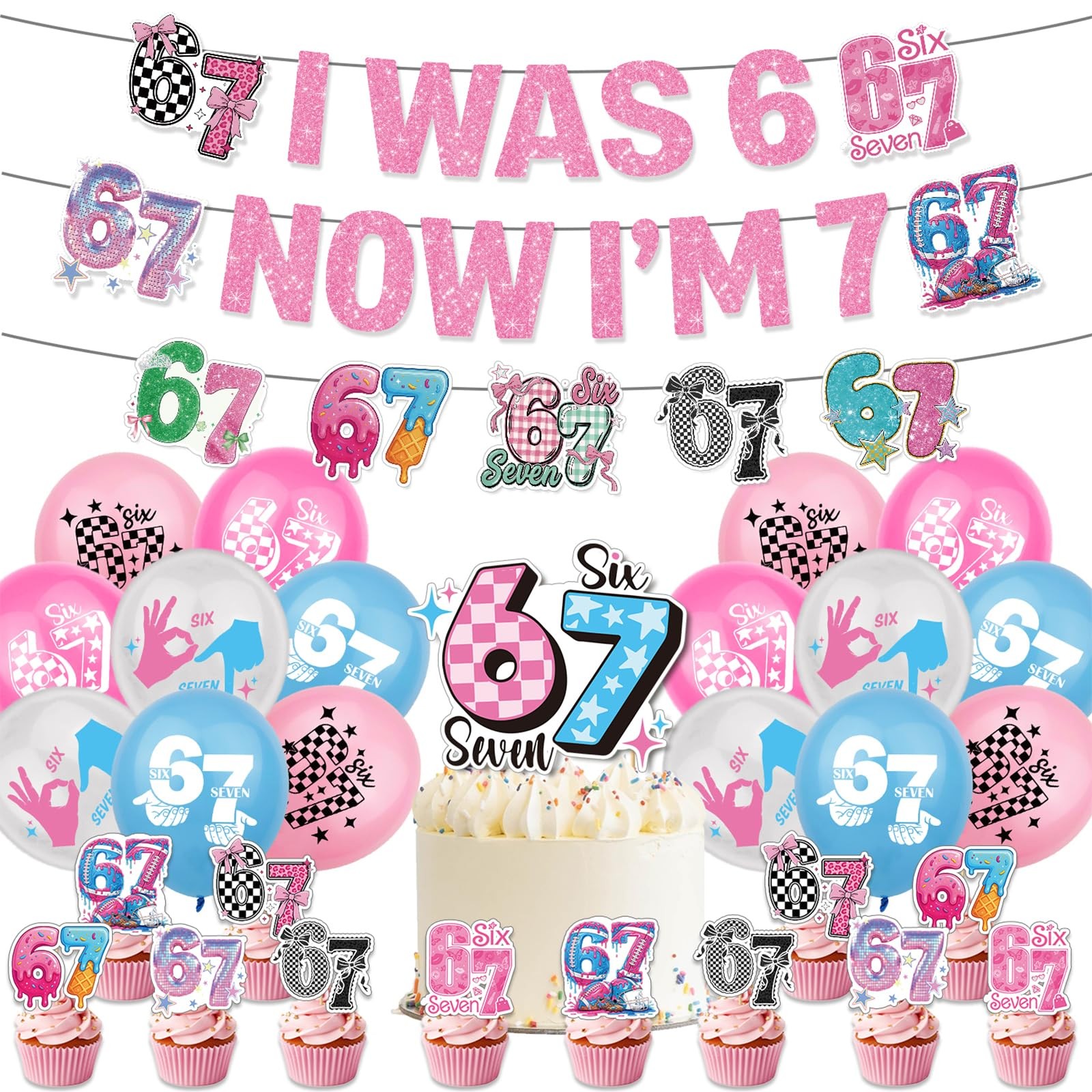 67 Birthday Decorations Set, I Was 6 Now I\'m 7 Banner, Six Seven Meme Cake To...