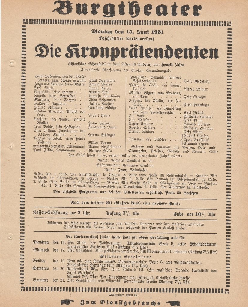 Theatre note Henrik Ibsen THE CROWN PRETENDERS 15 June 1931 Burgtheater Vienna