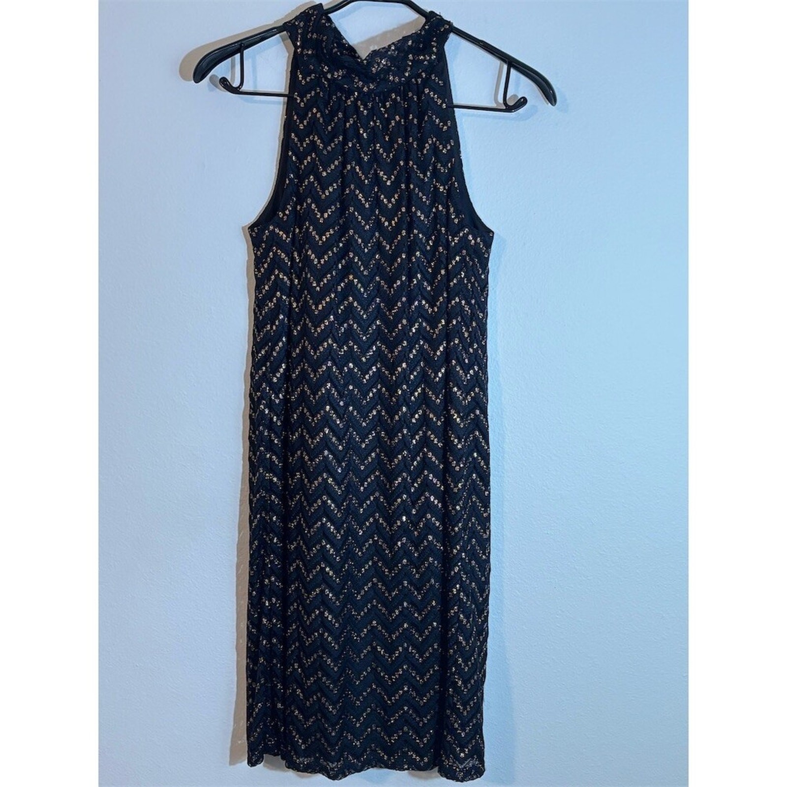 Trina Turk Halter Midi Dress Womens Size S Black Gold Chevron Lace Overlay