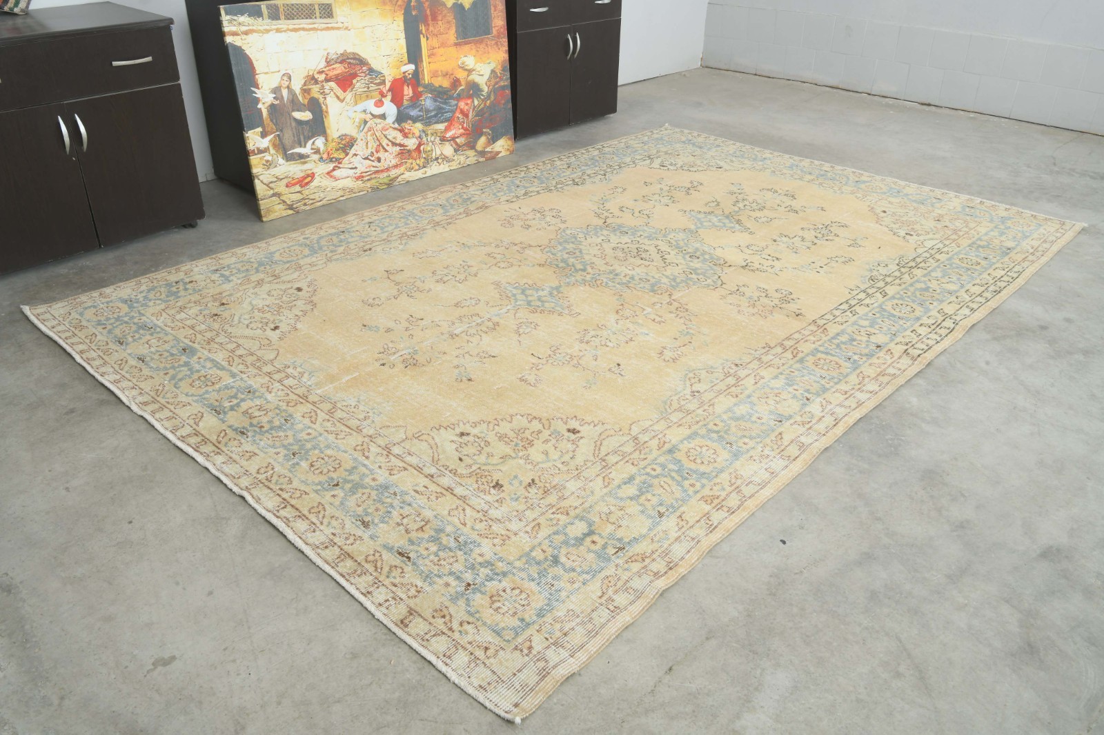 7x10 Turkish Antique Large Wool Rug Hand-Knotted Neutral Vintage Oushak Rug,384
