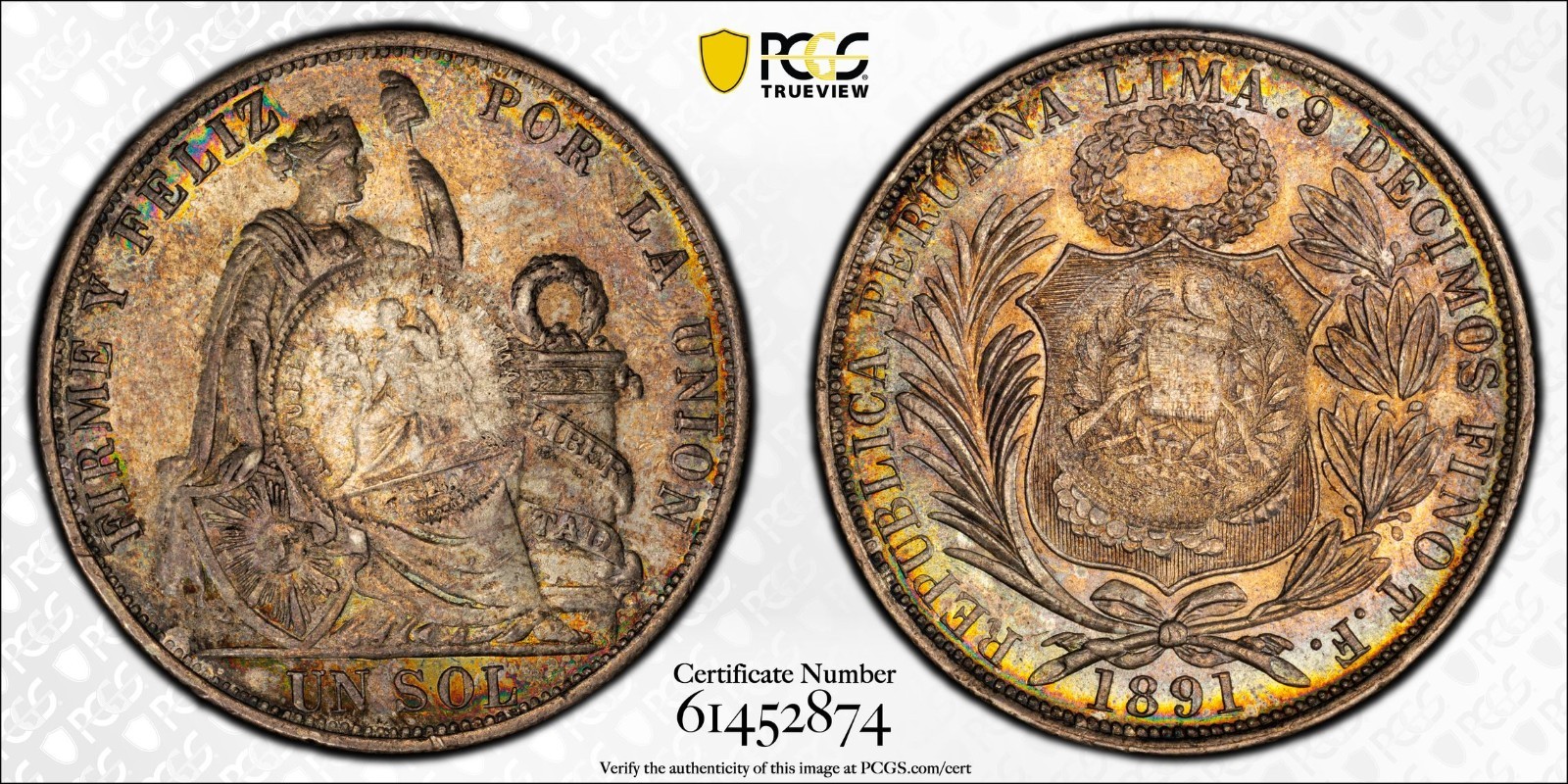 1894 Guatemala Peso C/S on 1891 Peru Sol PCGS AU 58 PQ++ w/ Superb Eye Appeal 1894 Guatemala Peso C/S on 1891 Peru Sol PCGS AU 58 PQ++ w/ Superb Eye Appeal