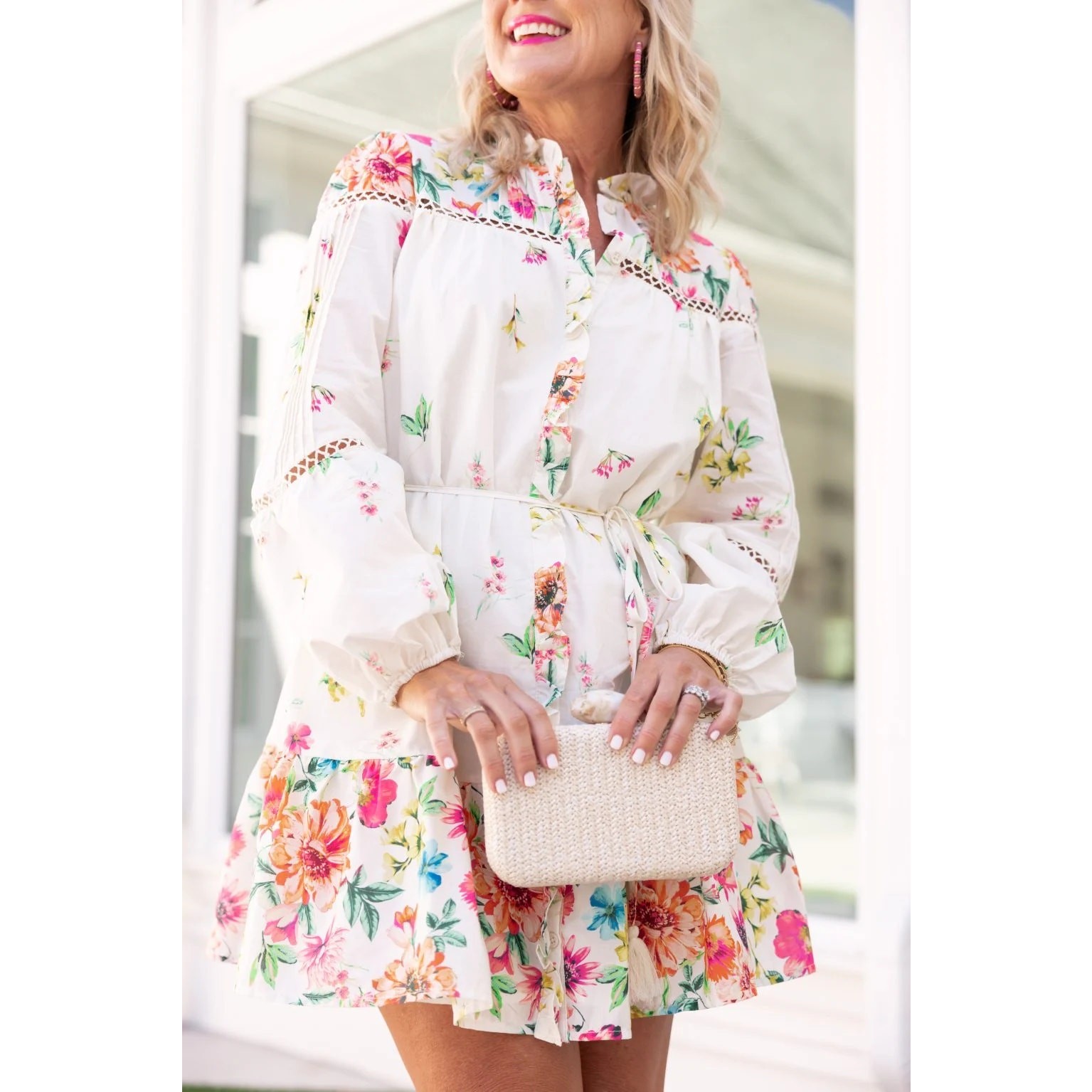 NWT Avara Lilah Floral Long Sleeve Mini Shirt Dress White Multi Women\'s Size XS