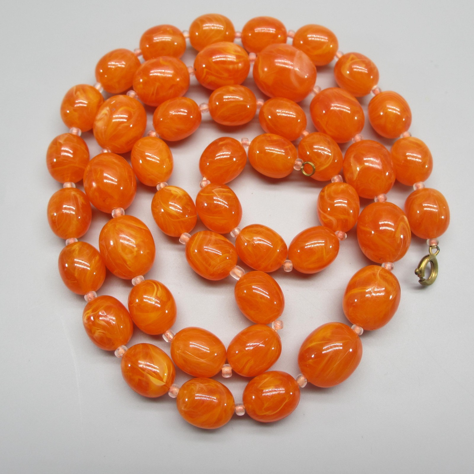Vintage Lucite Necklace Orange Swirled Beads 32 Inch