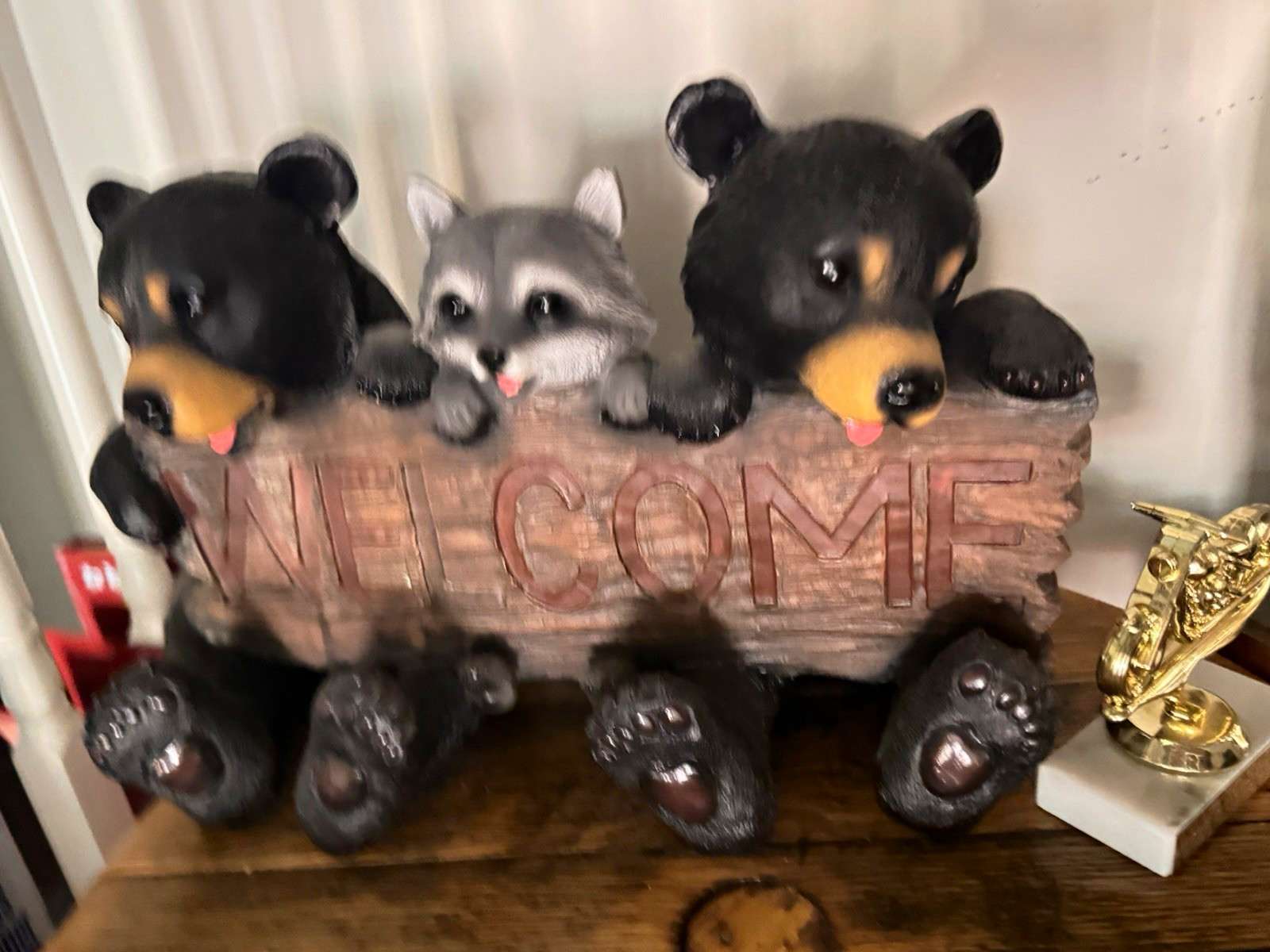 Wooden Welcome Black Bear Cub & Raccoon Painted Resin Figurine Statue Decor