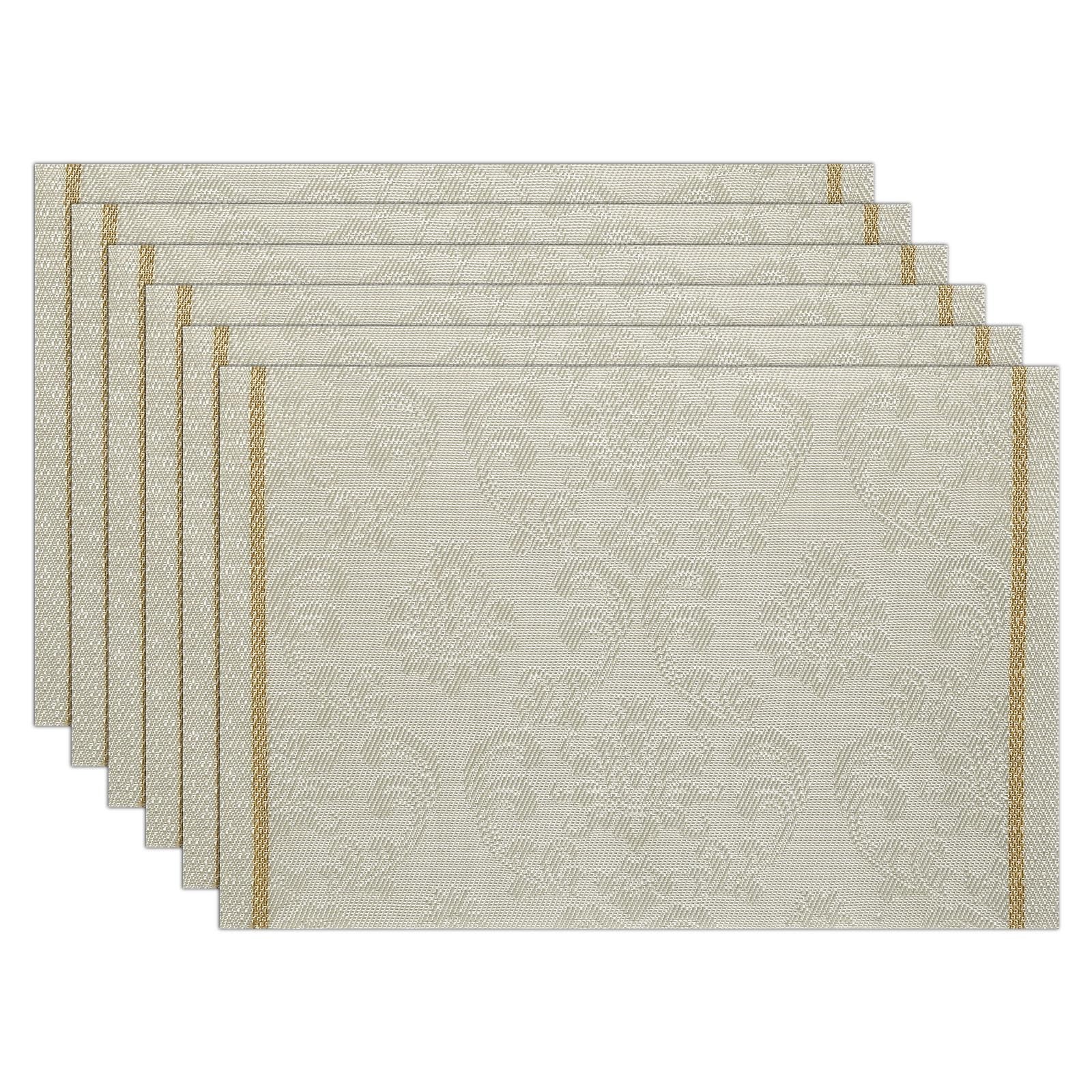 Damask Floral Beige Rectangular Placemats Set of 6, 12x18 Inch Non-Slip Vinyl...