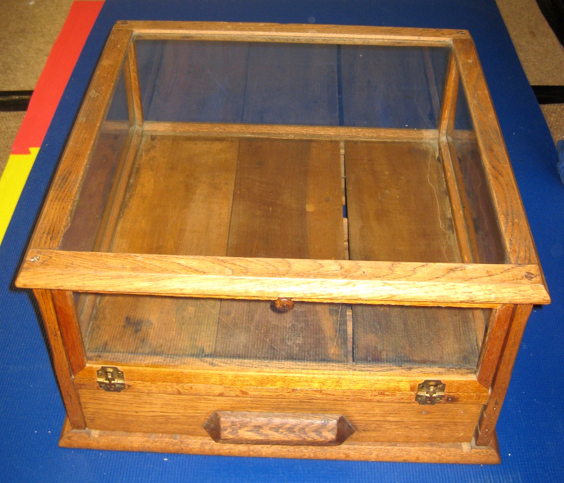 Antique Wood Oak Counter Top Display Case Glass Door/Sides & Drawer Beautiful