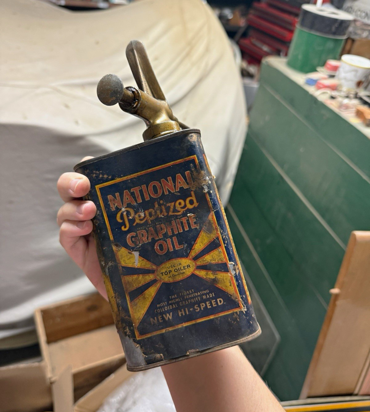 Antique 1930s National Peptized Graphite Oil Can w/ Pump