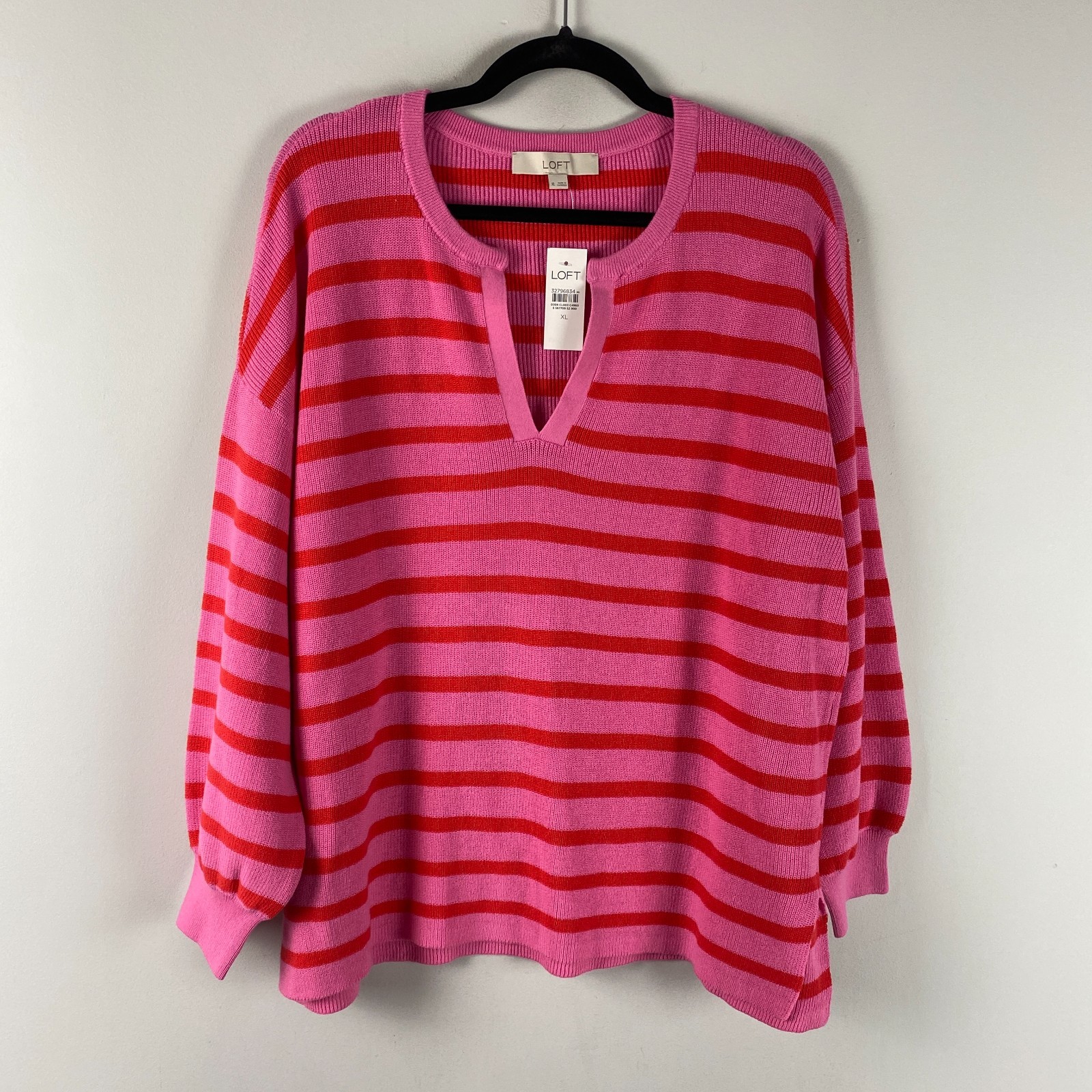 LOFT Striped Textured Split Neck Cotton Sweater Womens XL Pink Red Preppy