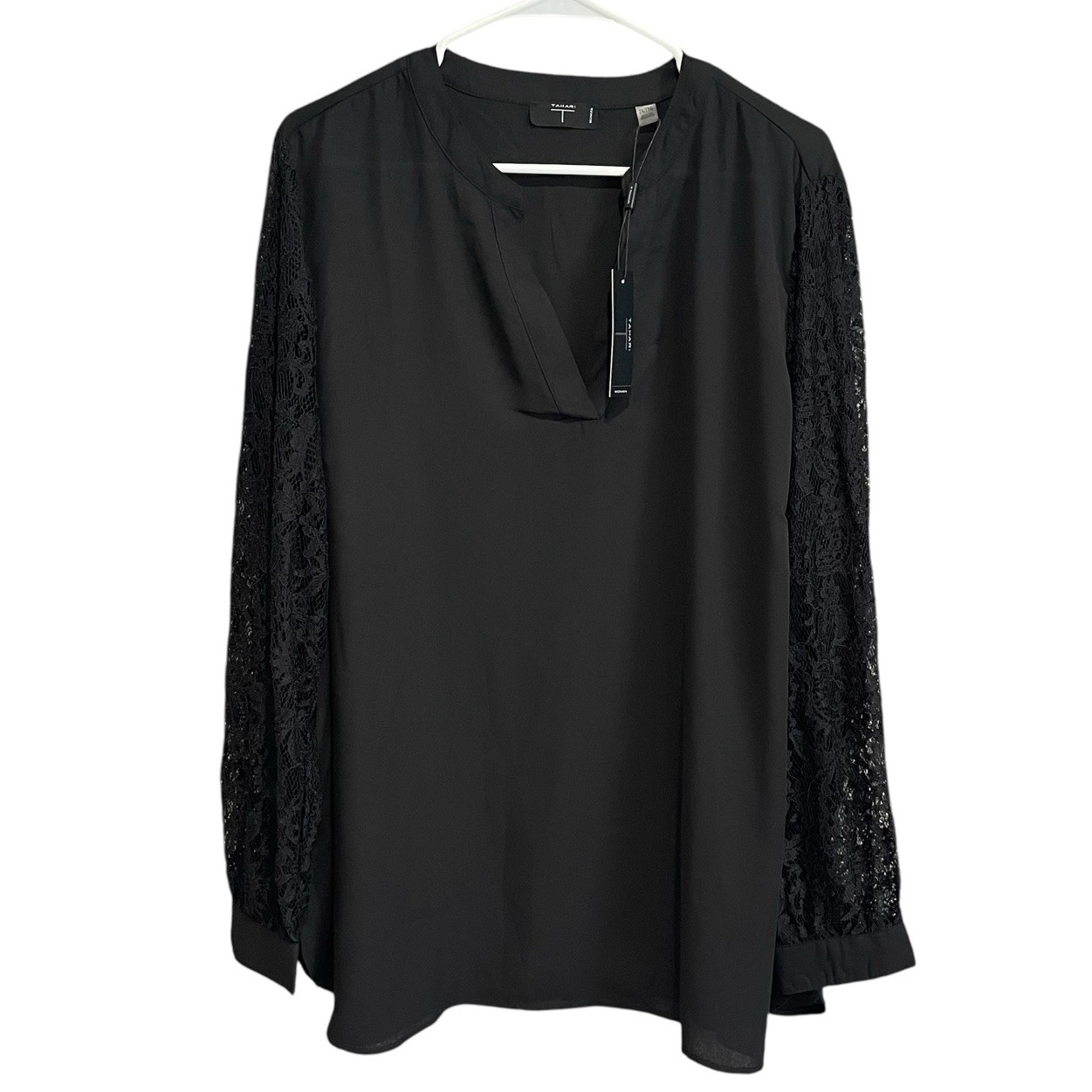 Tahari Semi Sheer Tunic Womens 2X Black Lace Sleeves Corpcore Academia NEW