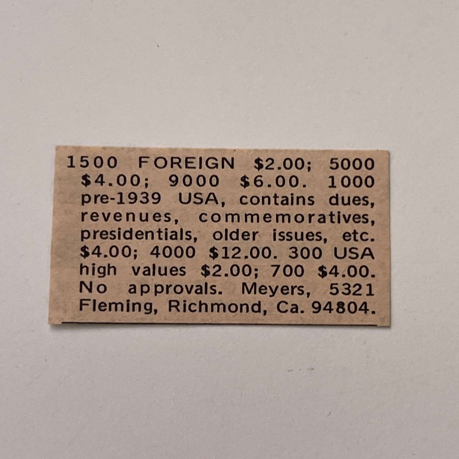 Meyers 1500 Foreign Dues Revenues Commemoratives Richmond CA 1974 Ad SAI3-S25