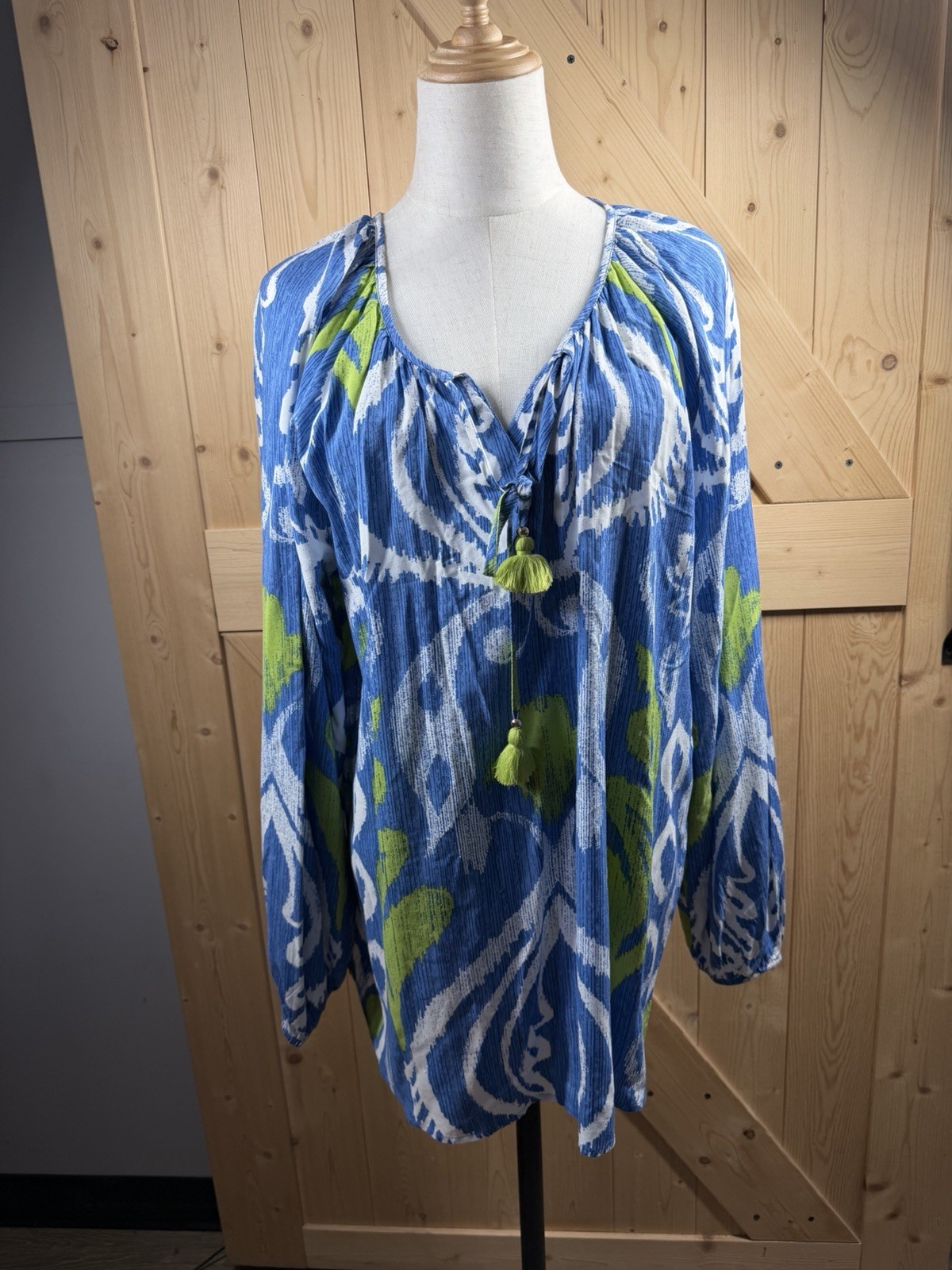 Chicos Tunic Blouse Blue Green Geometric Keyhole Tassels L