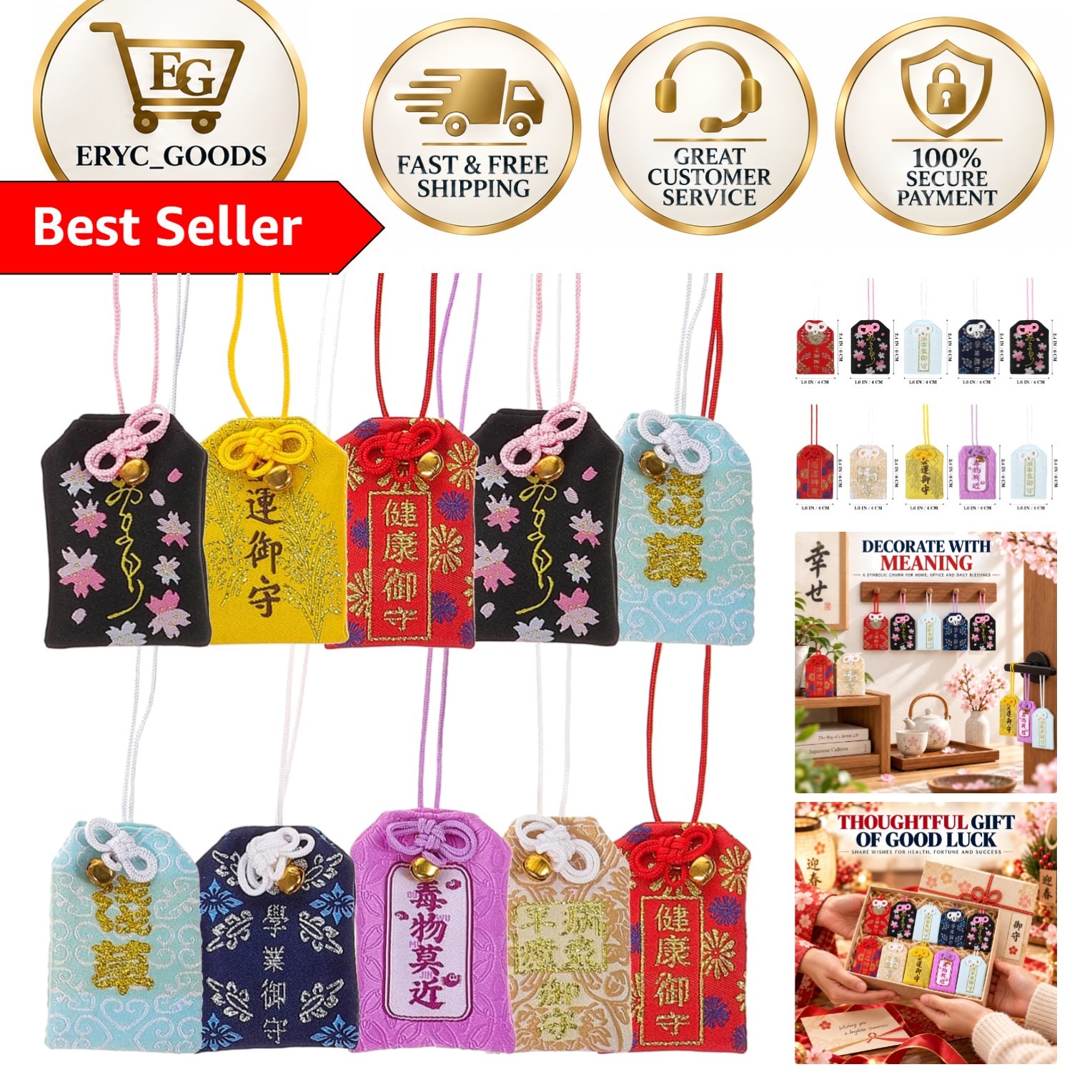 Set of 10 Assorted Omamori Amulets - Meaningful Good Luck Charms for Blessings