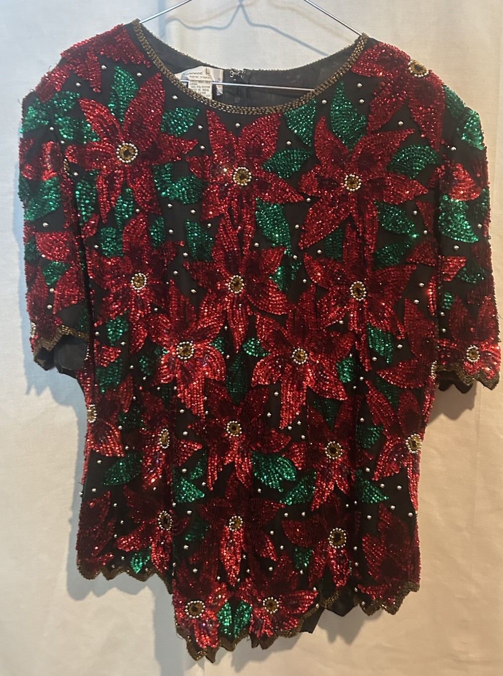 Vintage Laurence Kazar Formal Evening Beaded Poinsettia Christmas top Sz XL 1X Vintage Laurence Kazar Formal Evening Beaded Poinsettia Christmas top Sz XL 1X