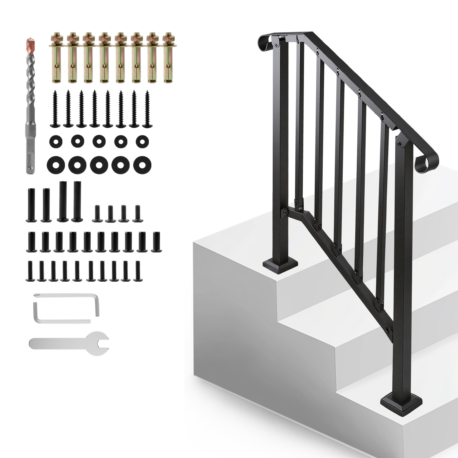 Handrails for Outdoor Steps Matte Black Wrought Iron, Stair Railing for 2-3 Step Handrails for Outdoor Steps Matte Black Wrought Iron, Stair Railing for 2-3 Step