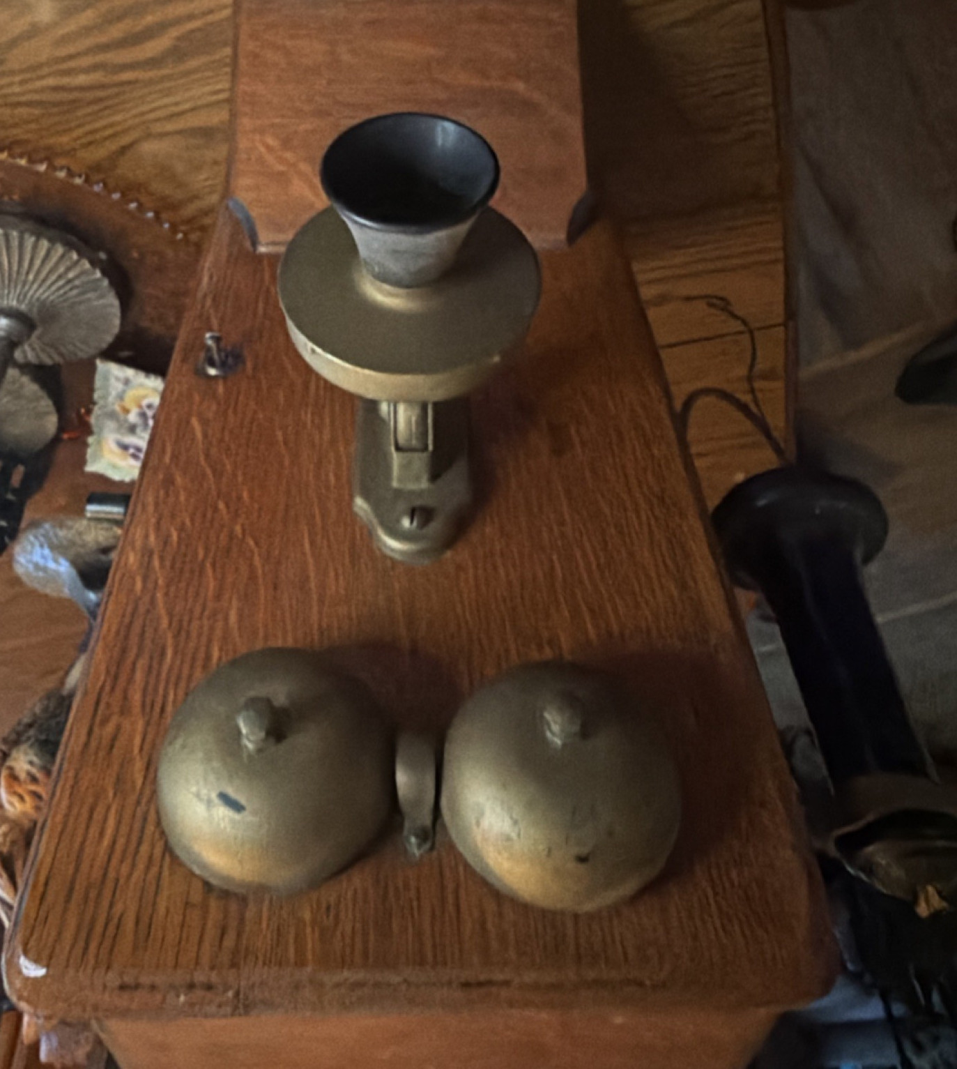 Antique Pre-1940 Wooden Wall Crank Telephone w/ Brass Bells & Receiver Antique Pre-1940 Wooden Wall Crank Telephone w/ Brass Bells & Receiver