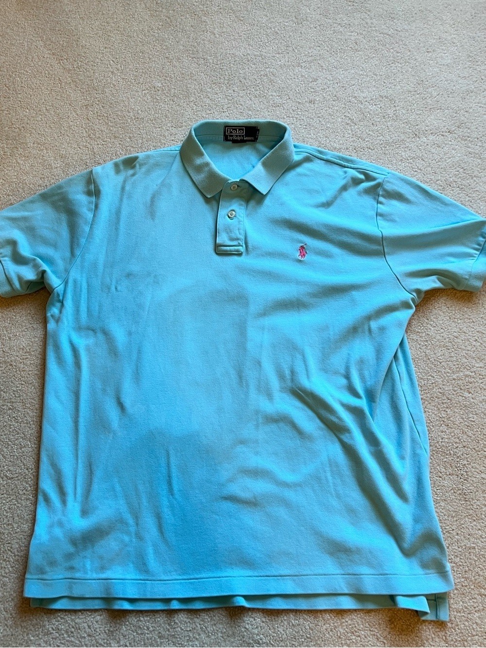 POLO Ralph Lauren Men’s Polo Shirt in Aqua with Pink Pony. Size large