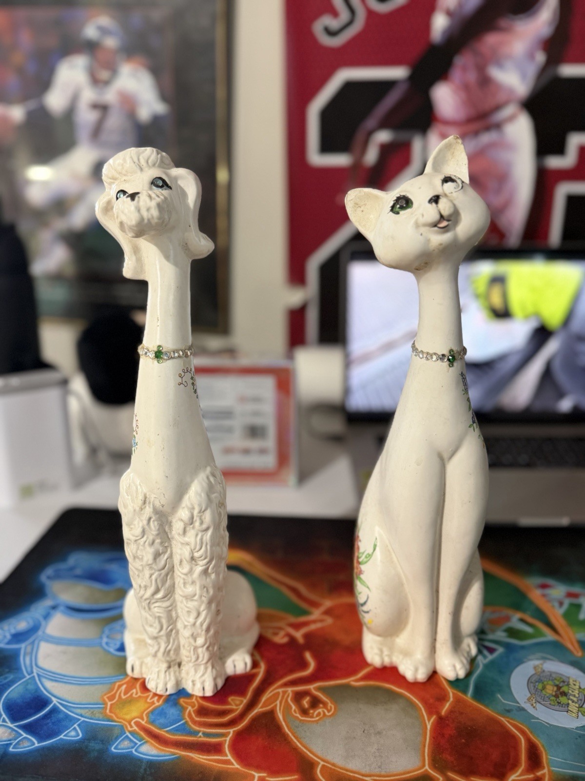 Vintage Japanese Ceramic Cat And Poodle Figurines Pair Long Neck Vintage Japanese Ceramic Cat And Poodle Figurines Pair Long Neck
