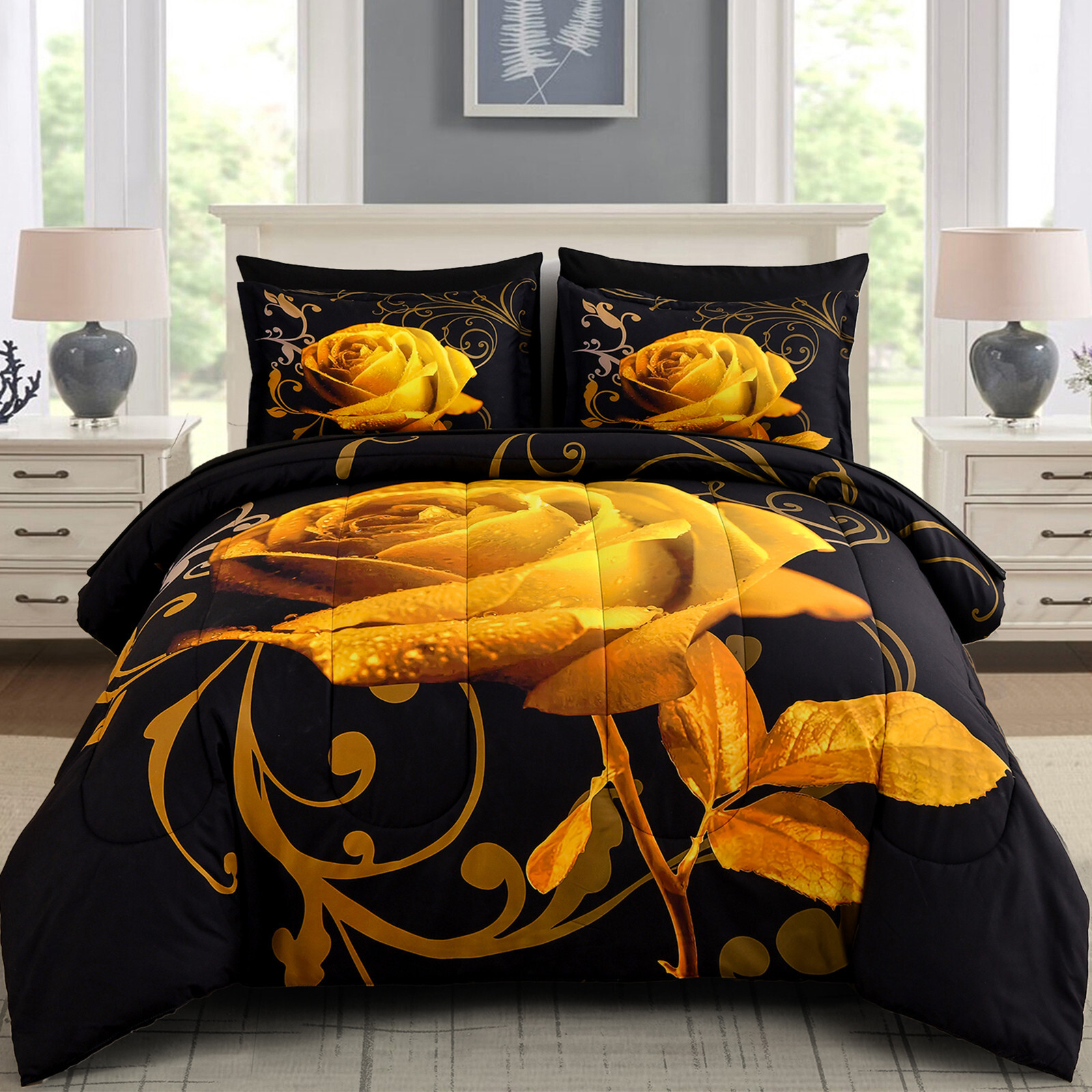 WONGS Floral Gold Black Queen King 7PC Comforter Set Soft Microfiber Bedding​