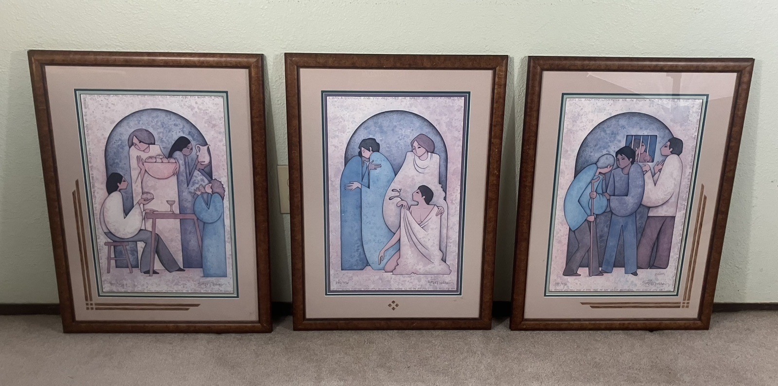 GE Mullan Framed Signed Print Set 3 When Did We See You Christian Religious EUC