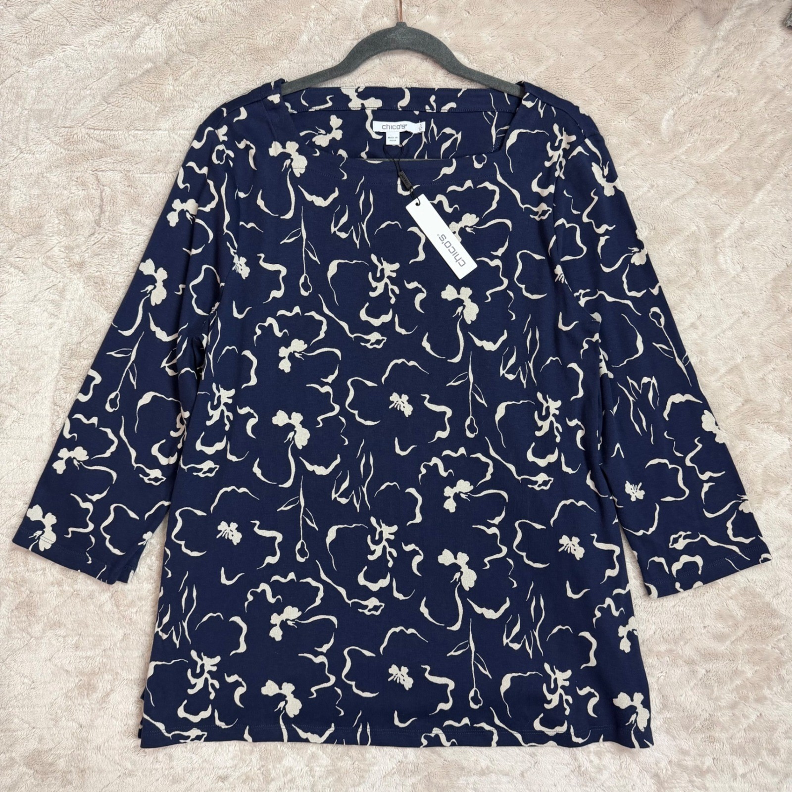 Chicos Flora Bliss Square Neck Tunic Blue Floral Pima Cotton Size 3 XL NWT