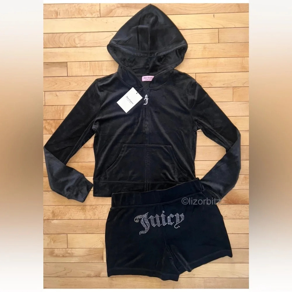 NEW NWT JUICY COUTURE Velour OG Bling Hoodie & Shorts Set Black Size S