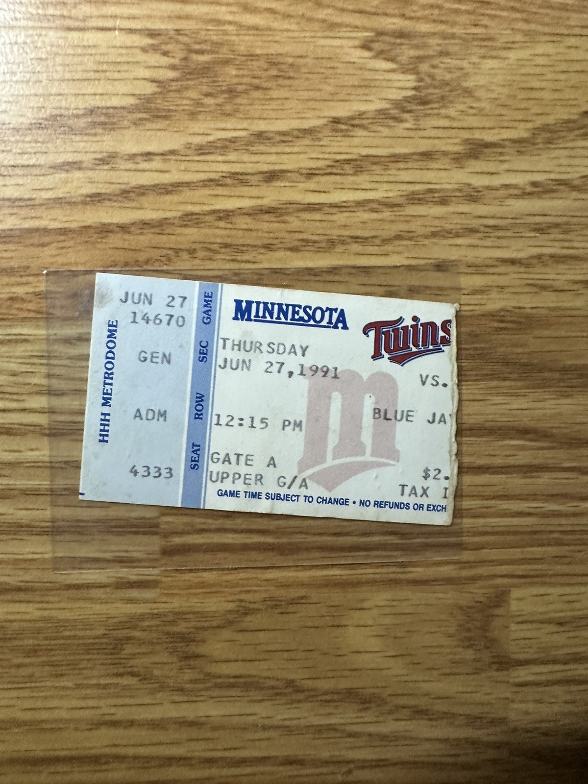 1991 Minnesota Twins vs Toronto Blue Jays Ticket Stub Metrodome June 27 Vintage