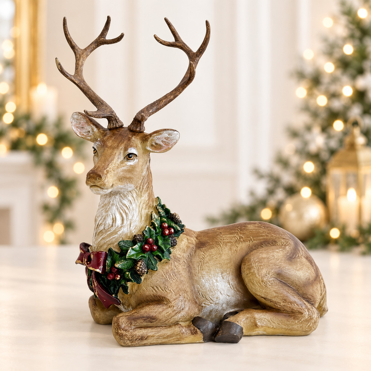 Ceramic Christmas Deer Figurine Holly Wreath Reindeer Holiday Mantel Decor 11 In
