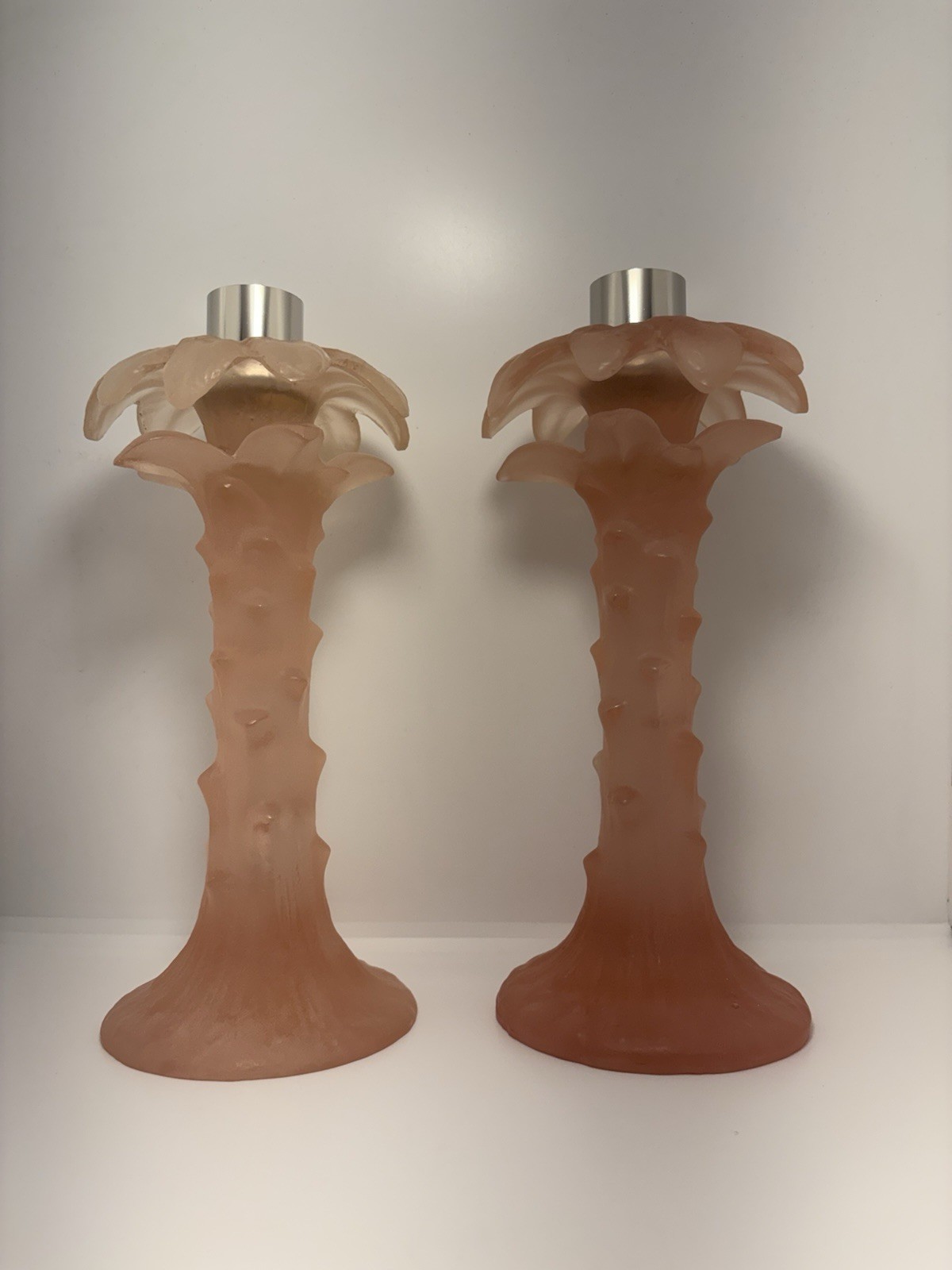 Rare Dorothy C Thorpe MCM Pink Resin Palm Tree Candlesticks Pair 9.5” Labeled