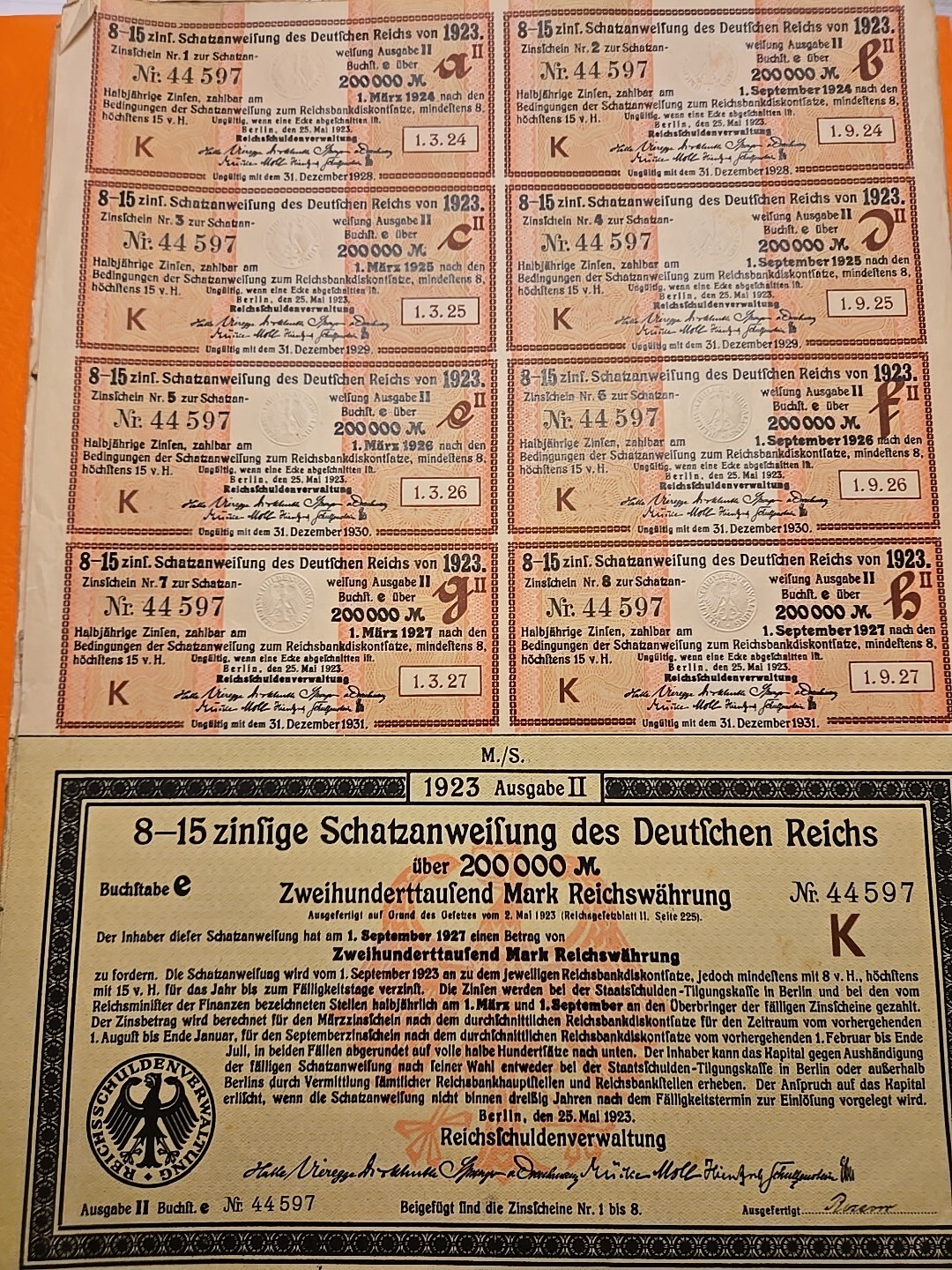 1923 Berlin GermanyStock Certificate 200,000 Mark With Attached Coupons