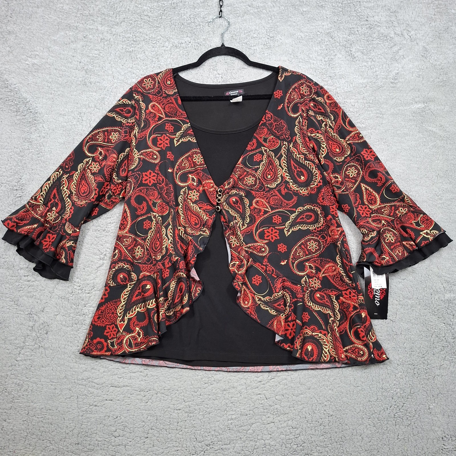 NEW Cocomo Women\'s Top Plus 2X Red 3/4 Sleeve Two Layer Office Ruffle sleeve