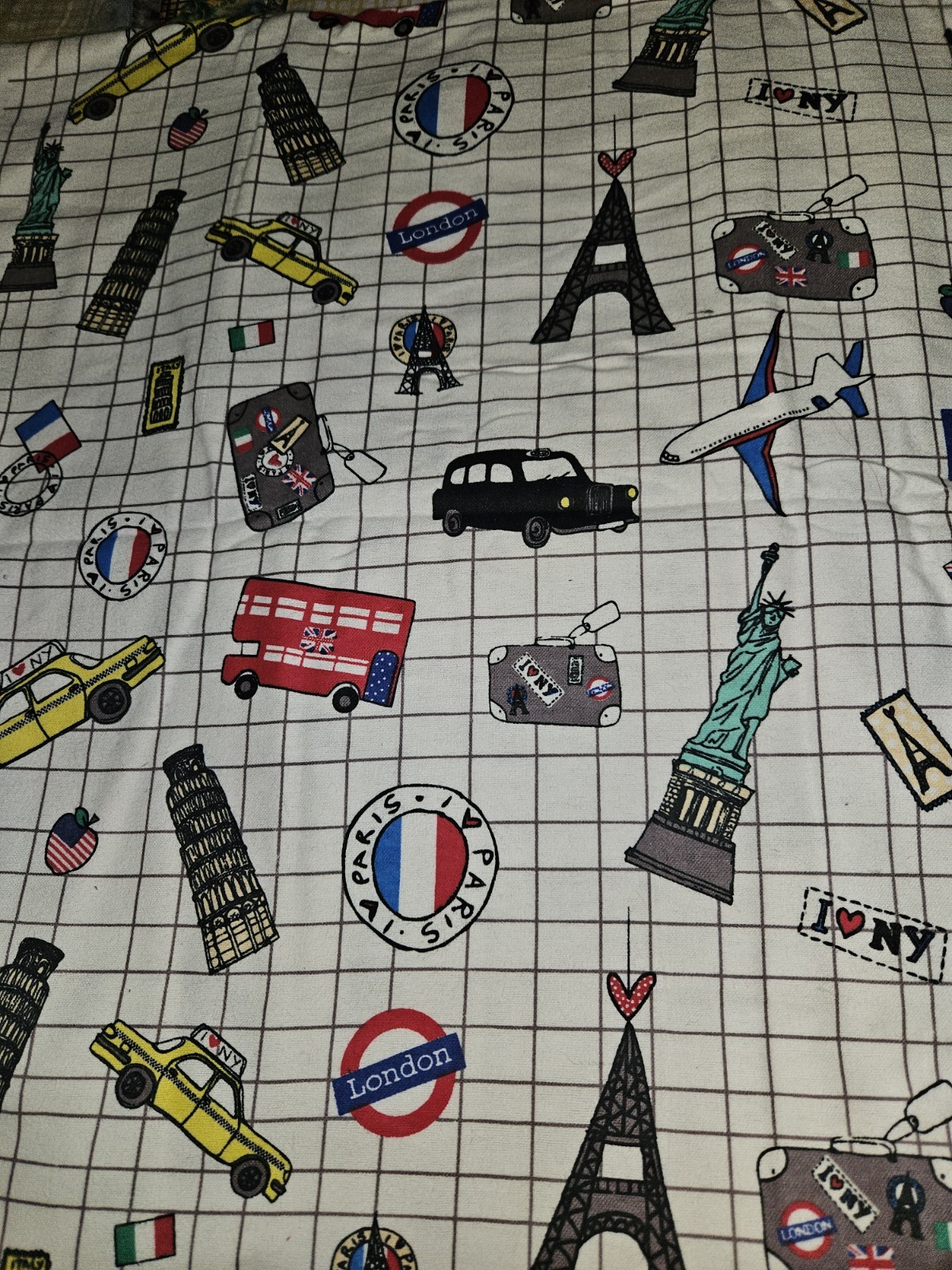 Jo-Ann OOP Travel Themed Flannel Fabric London, NY, Paris On White 2.25 Yards