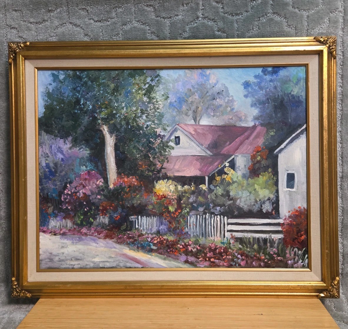Unique Original Oil Painting  White Picket, Floral Home Landscape  18x24 Signed 