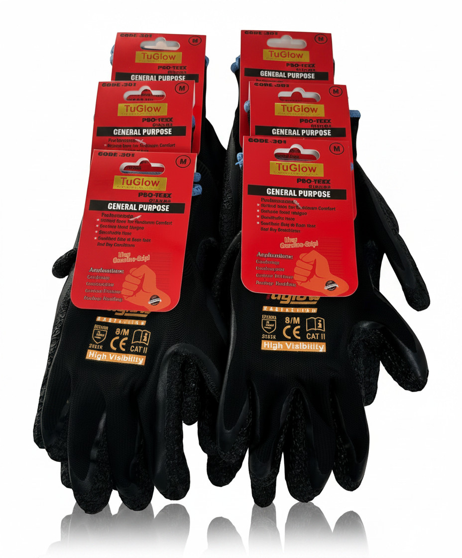 12 Pair  Black Safety Gloves Latex Coated Grip Cut Resistant