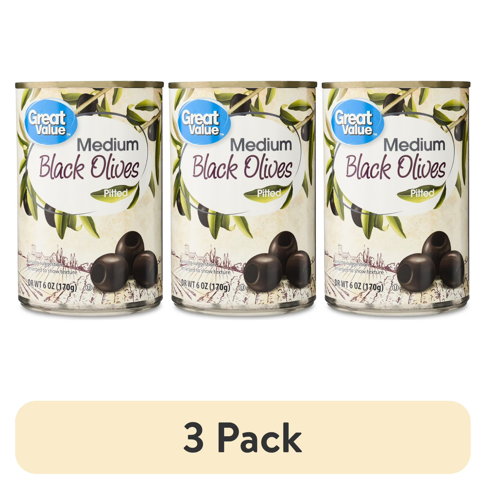 (3 pack) Great Value Medium Pitted Black Olives, 6 oz (3 pack) Great Value Medium Pitted Black Olives, 6 oz