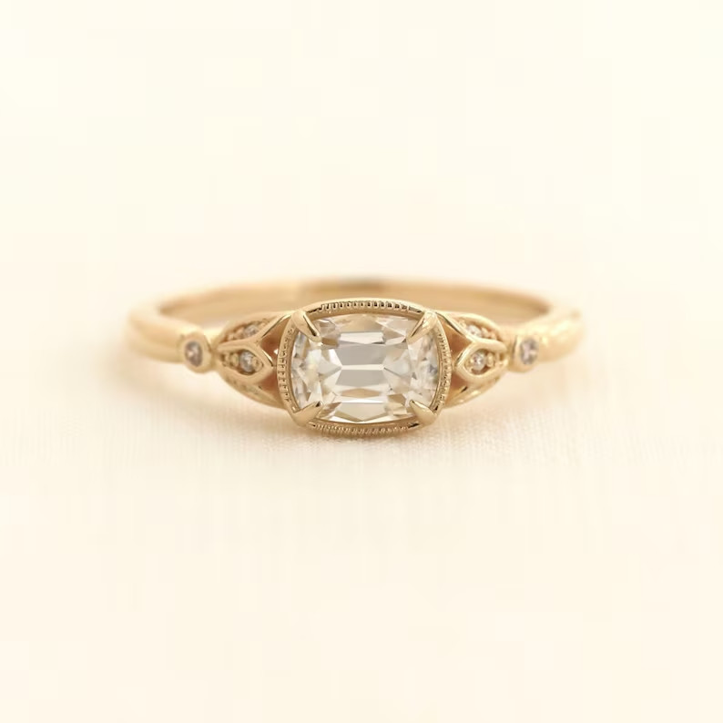 Tulip Vintage 1.20 TCW Cushion Cut Moissanite Wedding Ring 14k Yellow Gol Plated