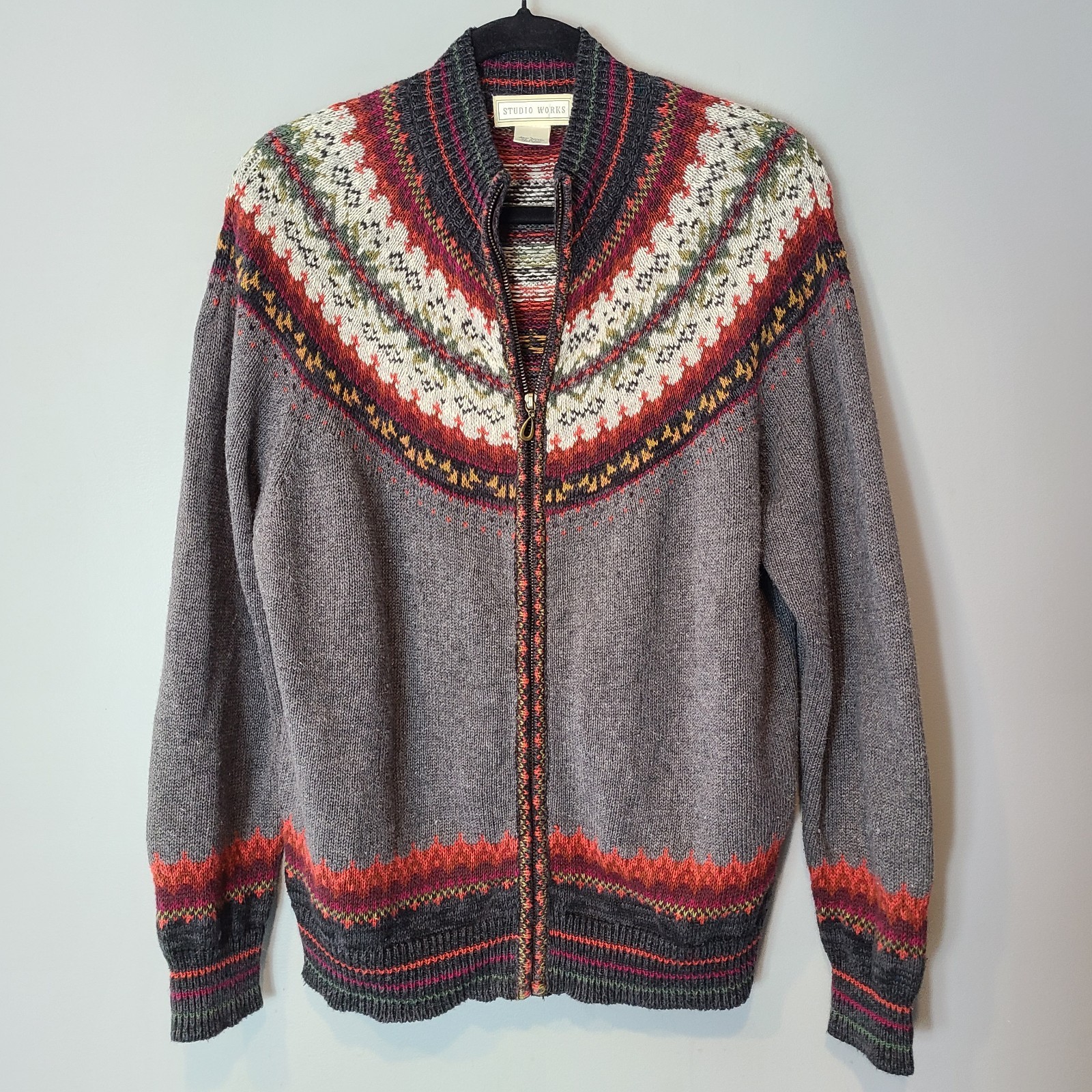 Vtg Studio Works Sweater Cardigan Women Sz Large Fair Isle Nordic Ski Full Zip