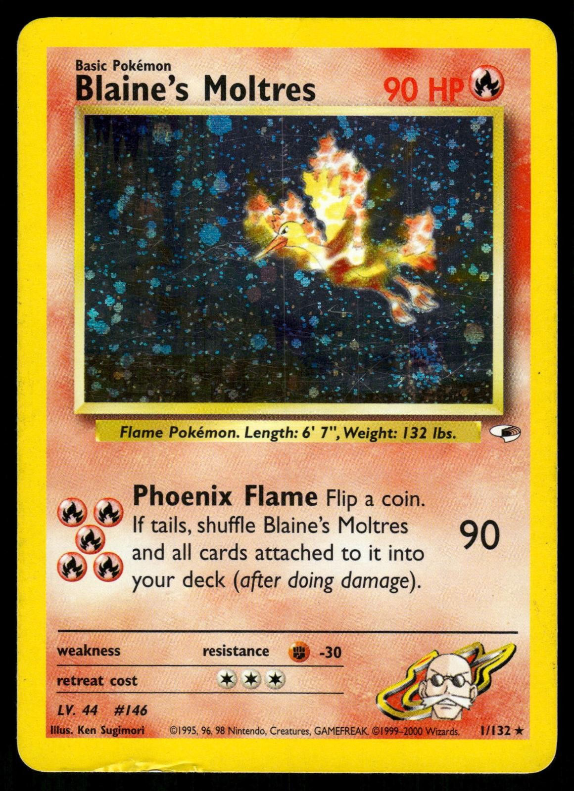 Blaine\'s Moltres 1/132 Unlimited Holo Rare Gym Heroes Pokemon MP 🌀 Swirl