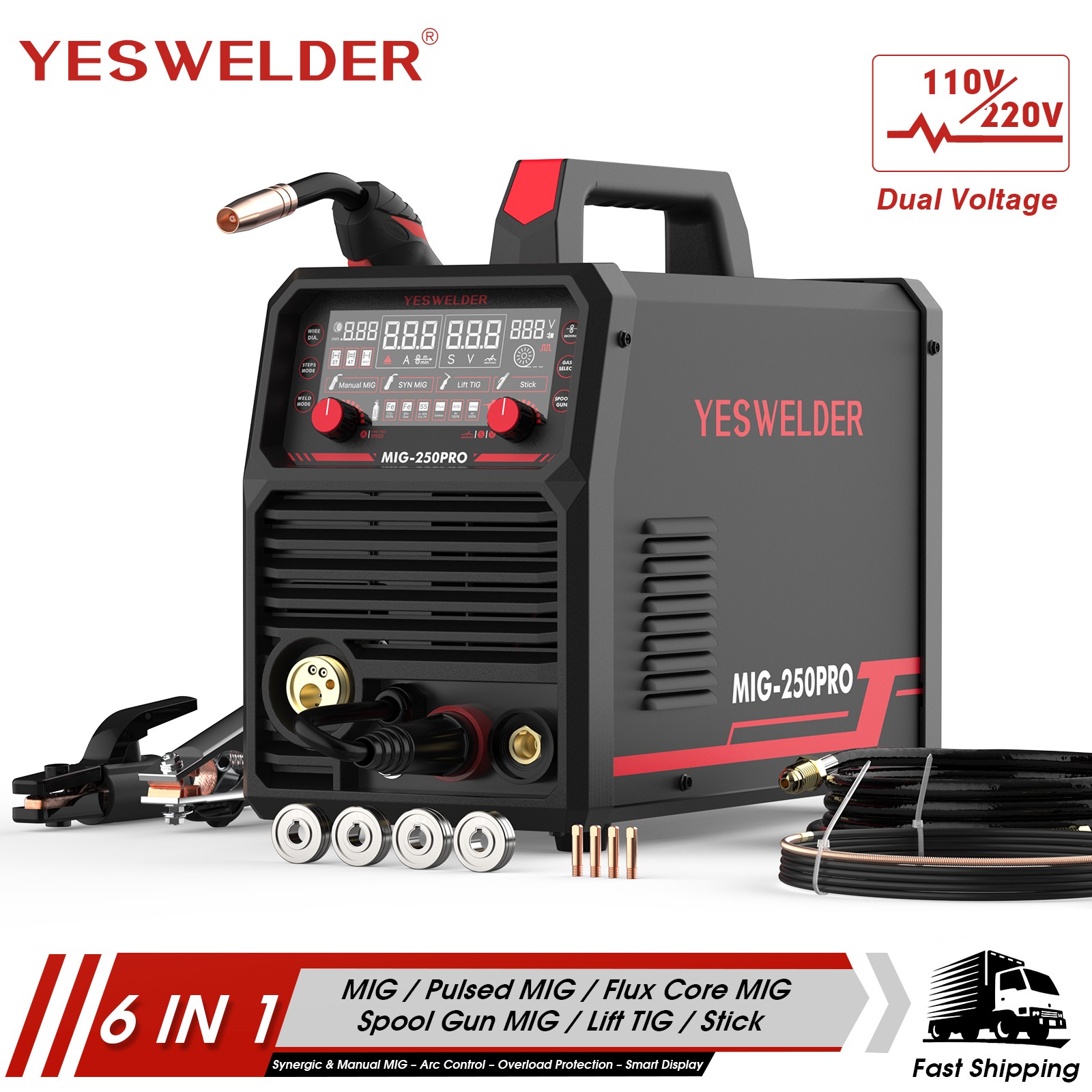YESWELDER 250A MIG Welder 6-in-1 110V/220V Digital Display Synergic Pulse MIG