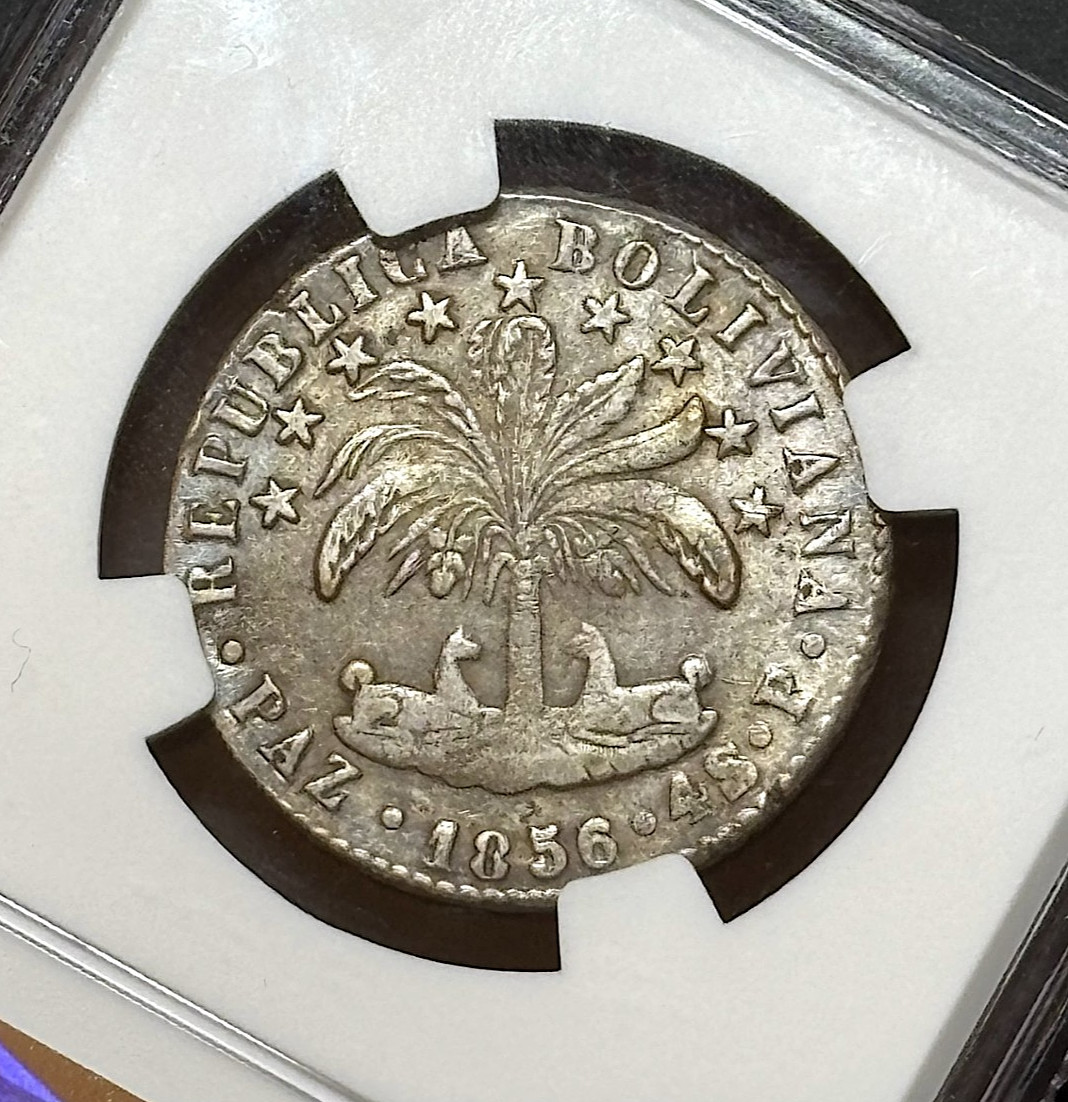 1856 Bolivia - Republic 4 Soles, NGC AU 53. 1856 Bolivia - Republic 4 Soles, NGC AU 53.