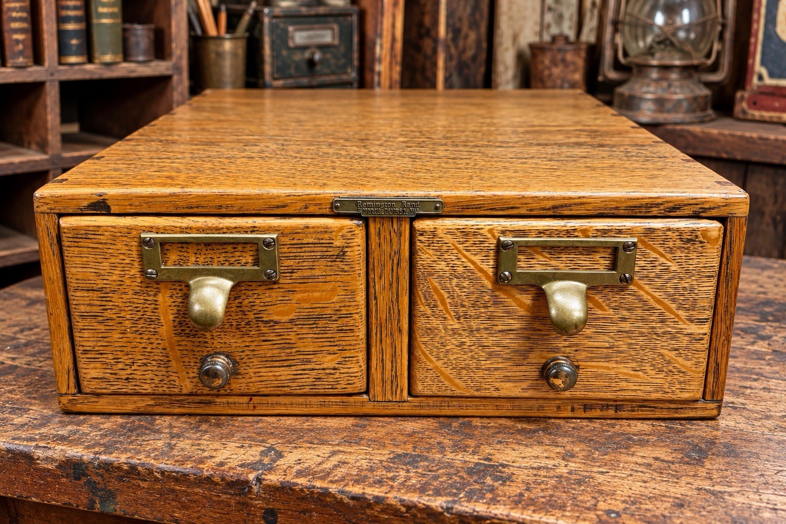 Antique Remington Rand Card Catalog 2 Drawer Library File Box Dovetail Oak VTG