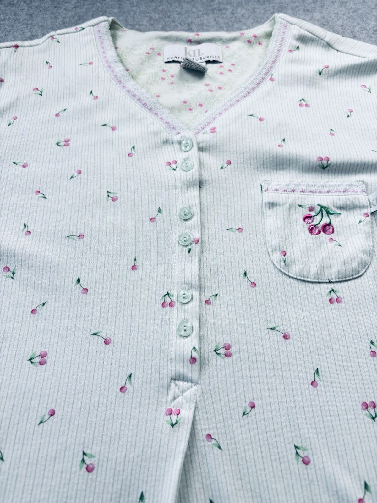 Vintage Karen Neuburger Nightgown L Floral Cherry Knit Henley Cottagecore 90s