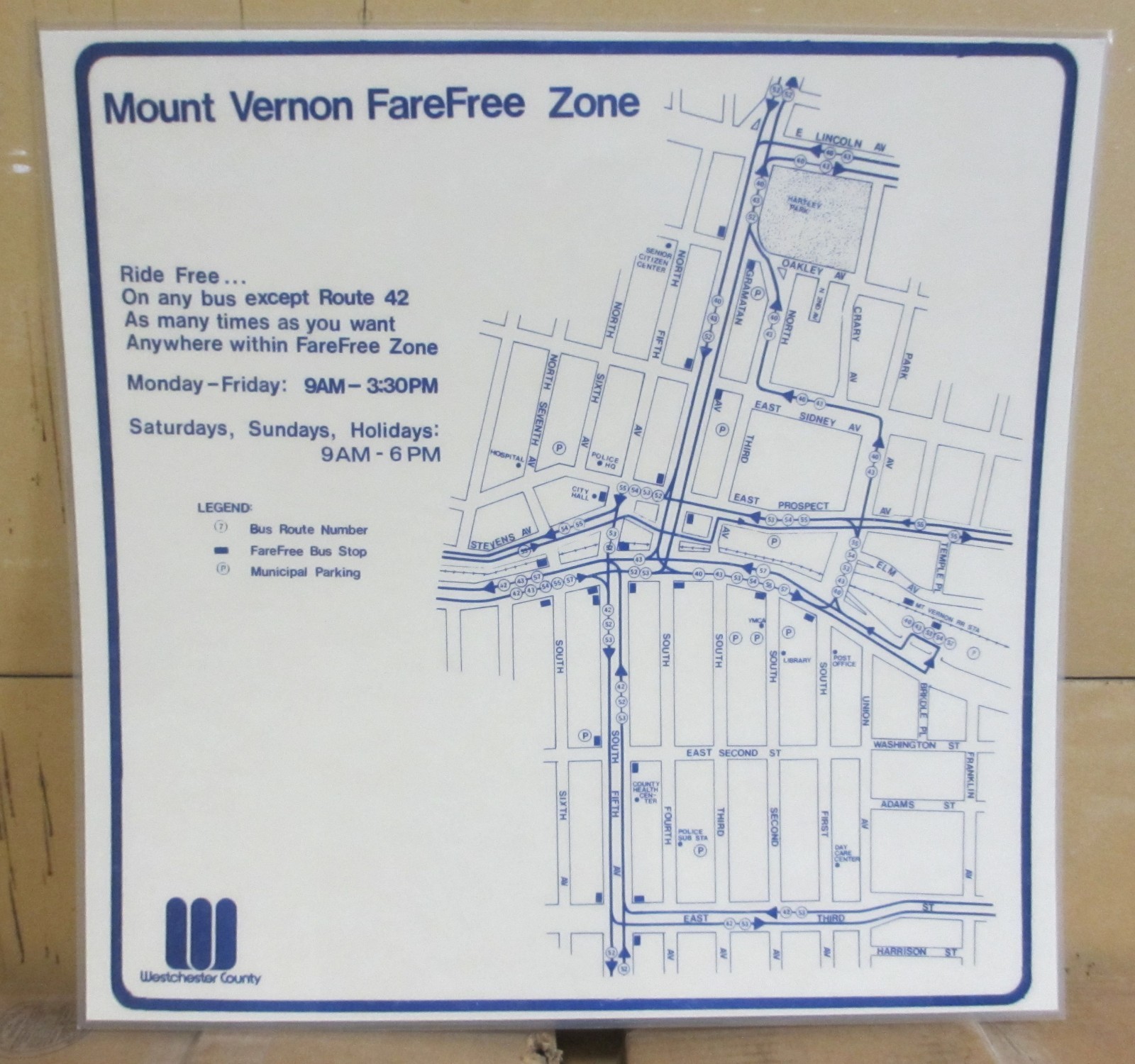 Vintage Westchester County DOT Bus Poster Mount Vernon Fare Free Zone New York