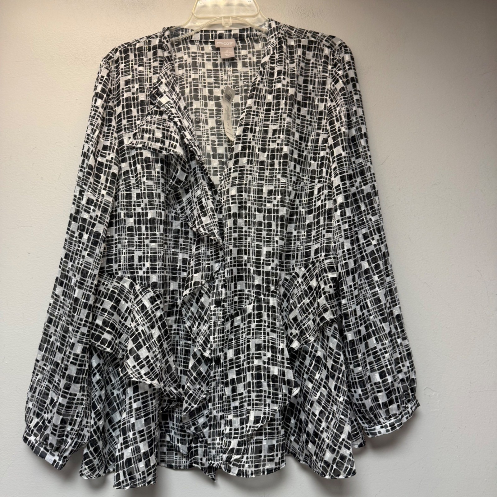 Chico\'s Ruffle Blouse Womens 2 L Black White Geometric NEW Metallic Burnout Top