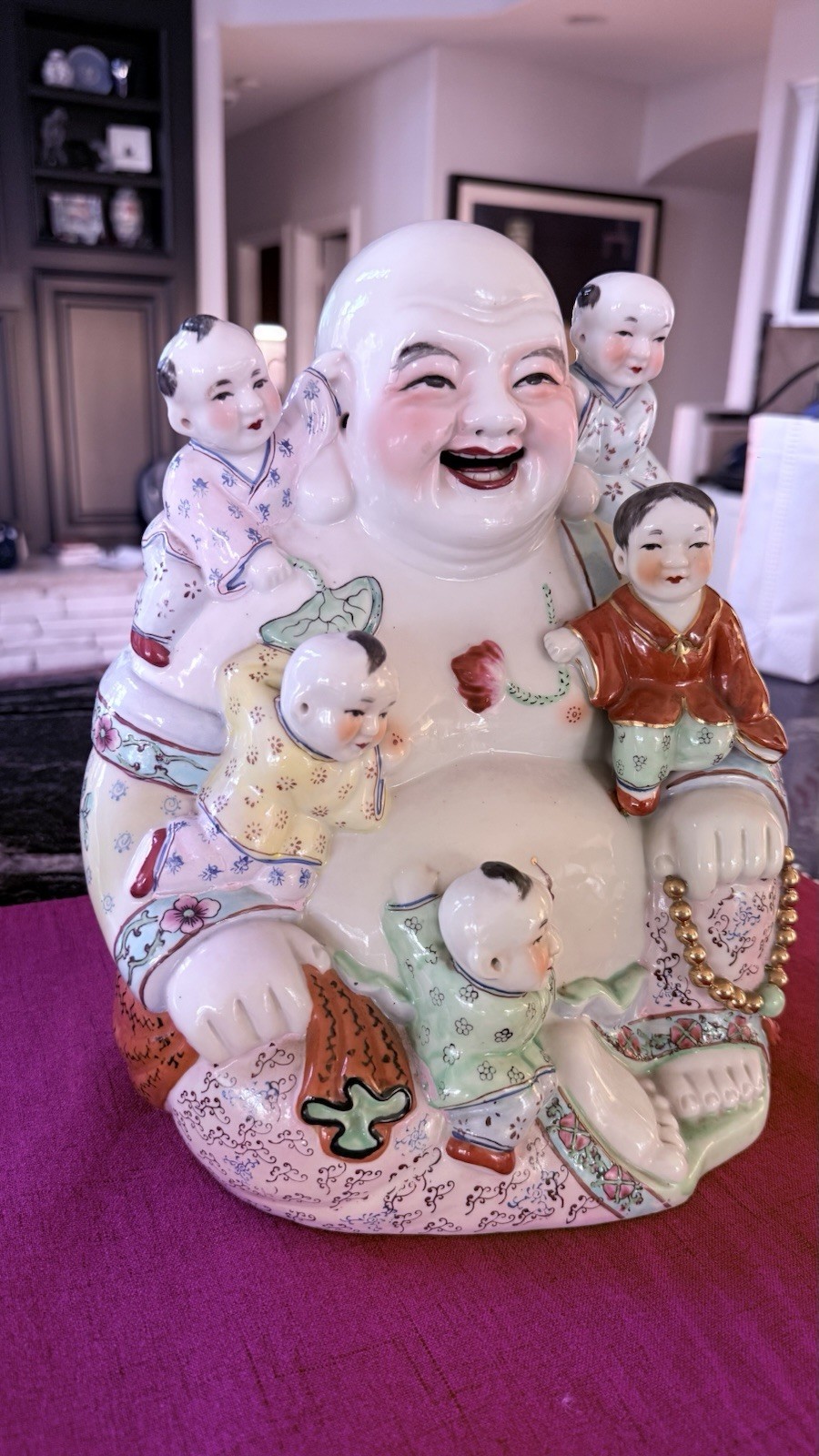 Vintage Chinese Famille Rose Porcelain Laughing Buddha Figurine with 5 Children