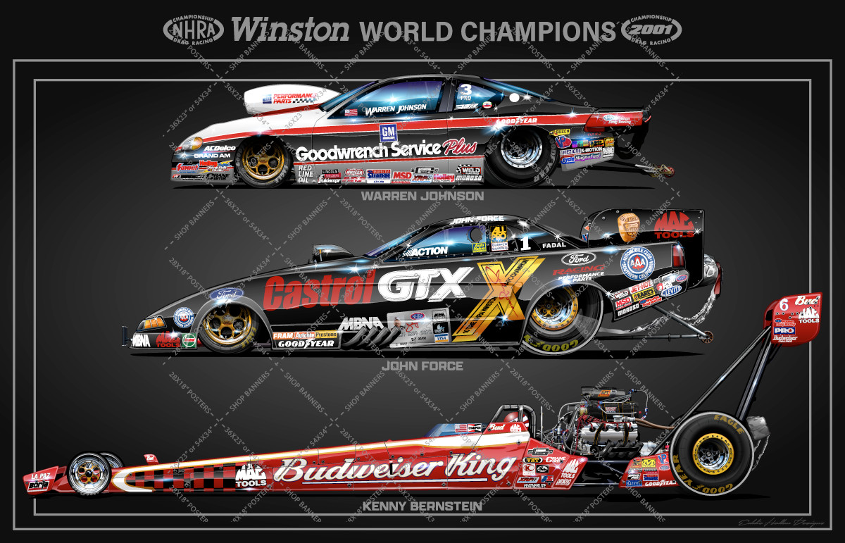 2001 NHRA World Championship Poster Rendering 2 side print 28X18\