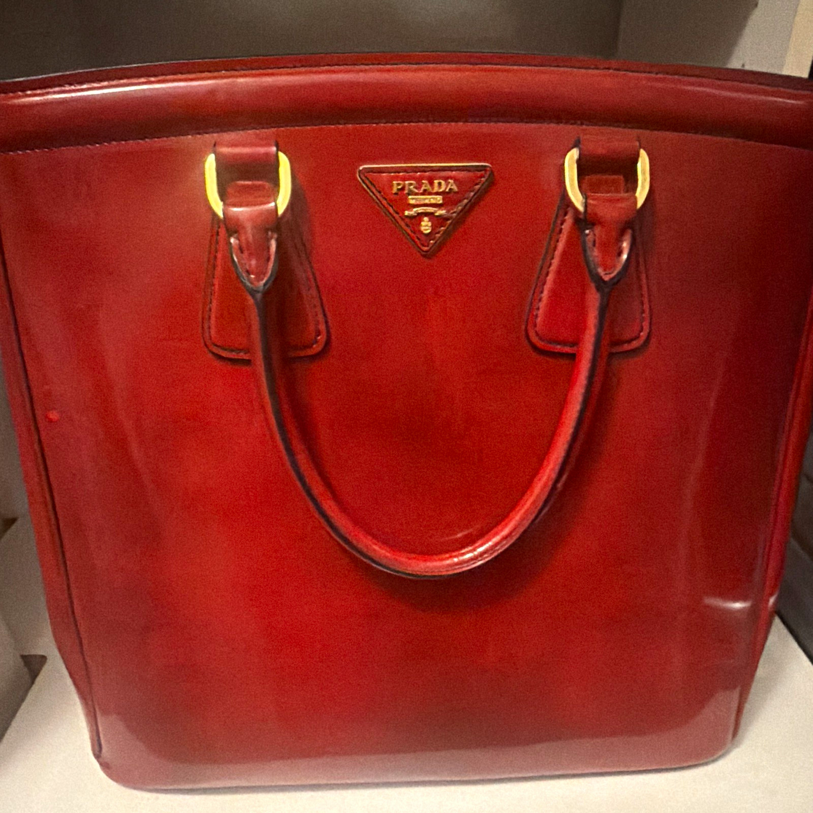 PRADA Red Solid Tote Bag Double Handles Logo Accent Gold Hardware Women