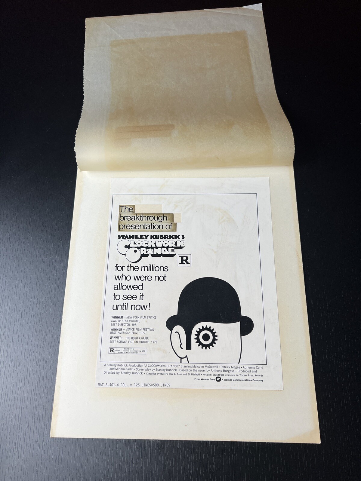 EXTREMELY RARE 1972 A Clockwork Orange ORIGINAL Advertising Art Mockup