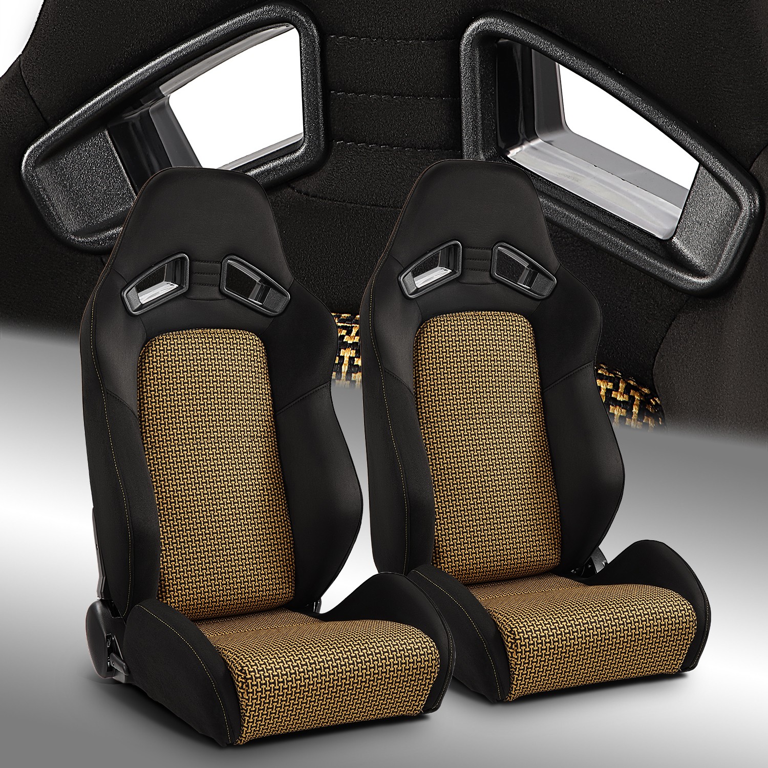 2 x Universal Black+Gold I-pattern PVC Reclinable Racing Seats Left/Right